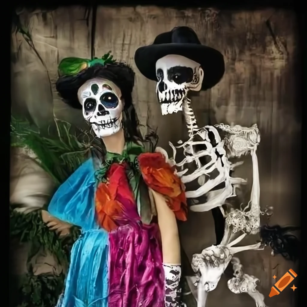 Day of the dead skeletons dancing in Frida Kahlo style