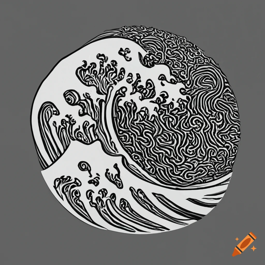 Wood carve line art of the Wave of Kanagawa