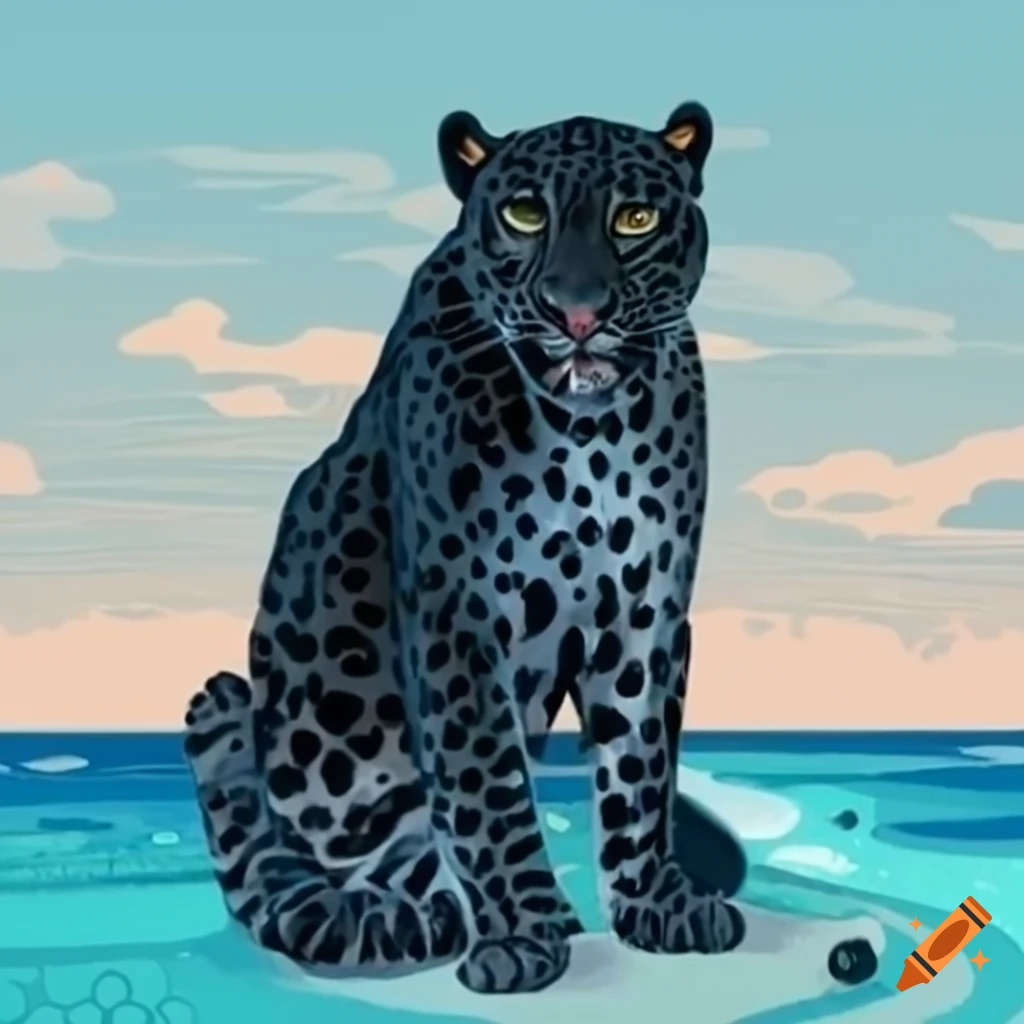 Black leopard sitting regally on the beach