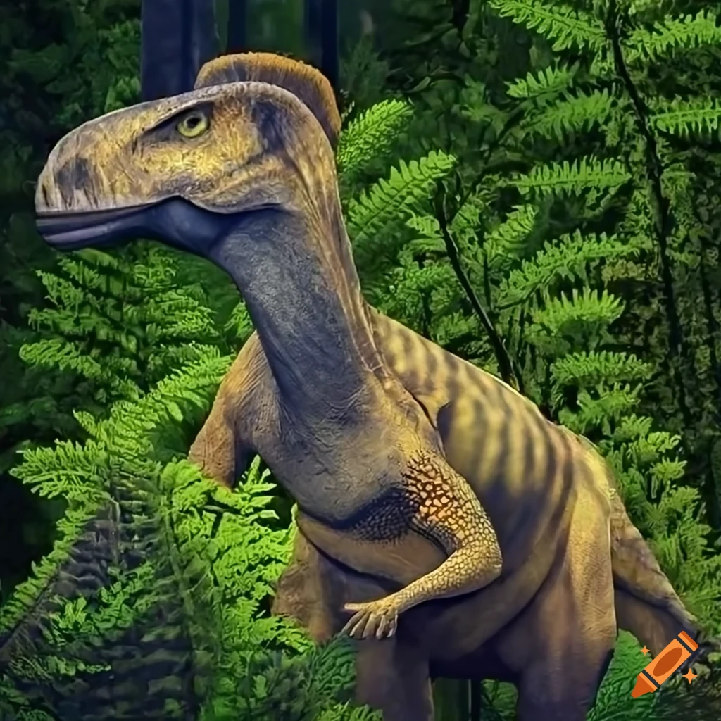 Duckbilled hadrosaur dinosaur with collared lizard color pattern and elephant-like skin texture in morning light
