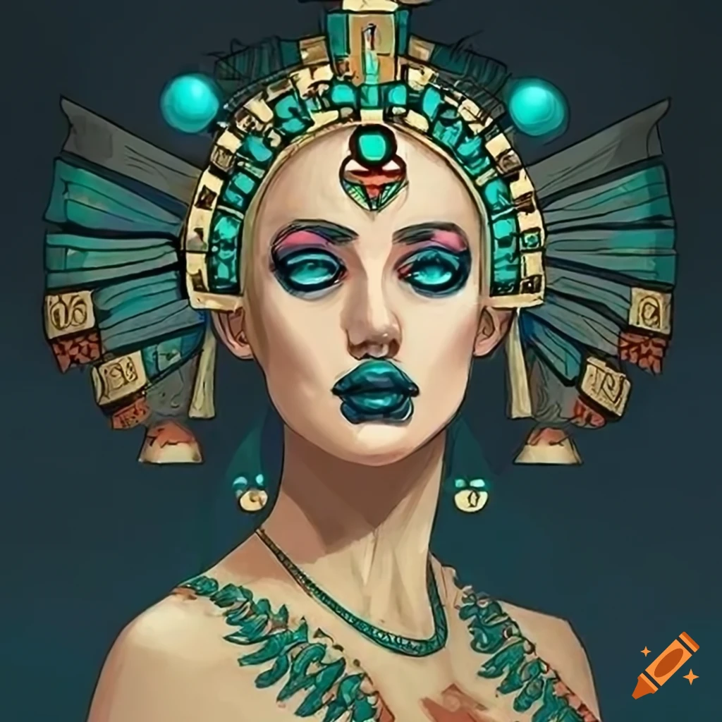 Art Deco concept art of an Aztec Siren Queen inspired by Russian Folklore and Ukiyo-e