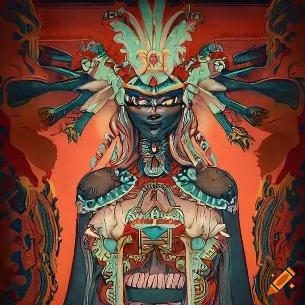 Neobrutalist Aztec Shark Priestess inspired by Ukiyo-e