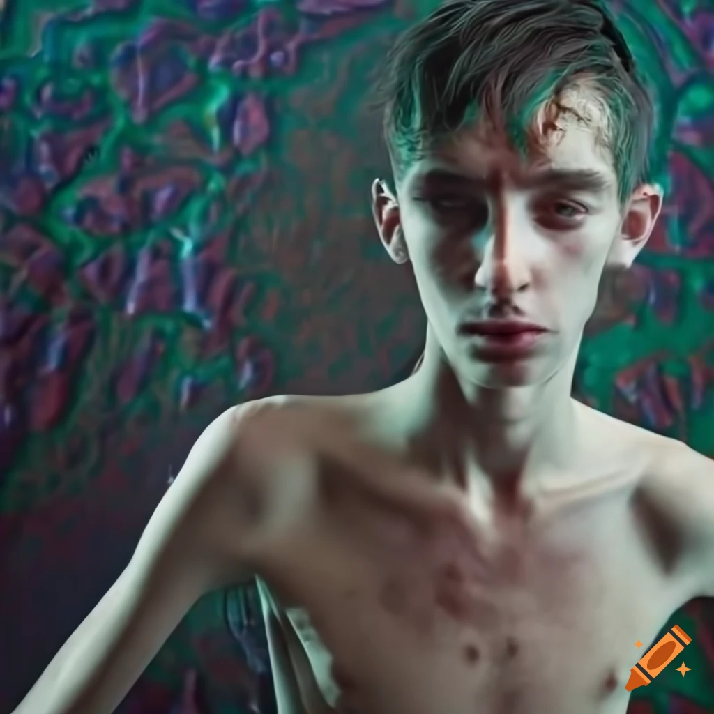 PhotoRealistic image of a skinny young Israeli male cyborg in psychedelic haze