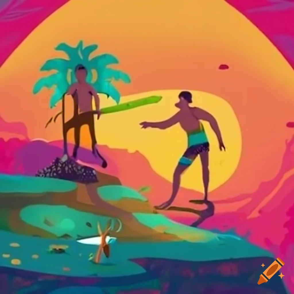 Explorer on an island with indigenous people