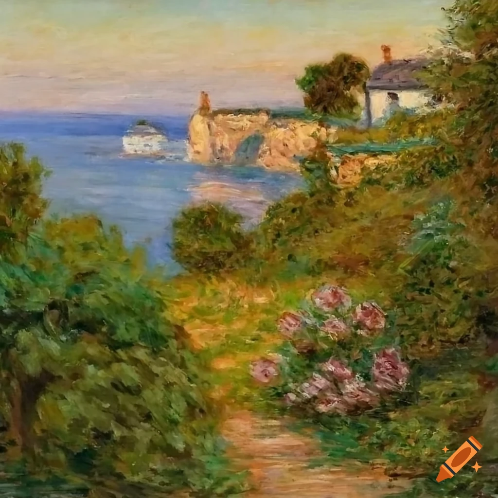 Monet painting of a serene French cottage on a cliff overlooking a harbor
