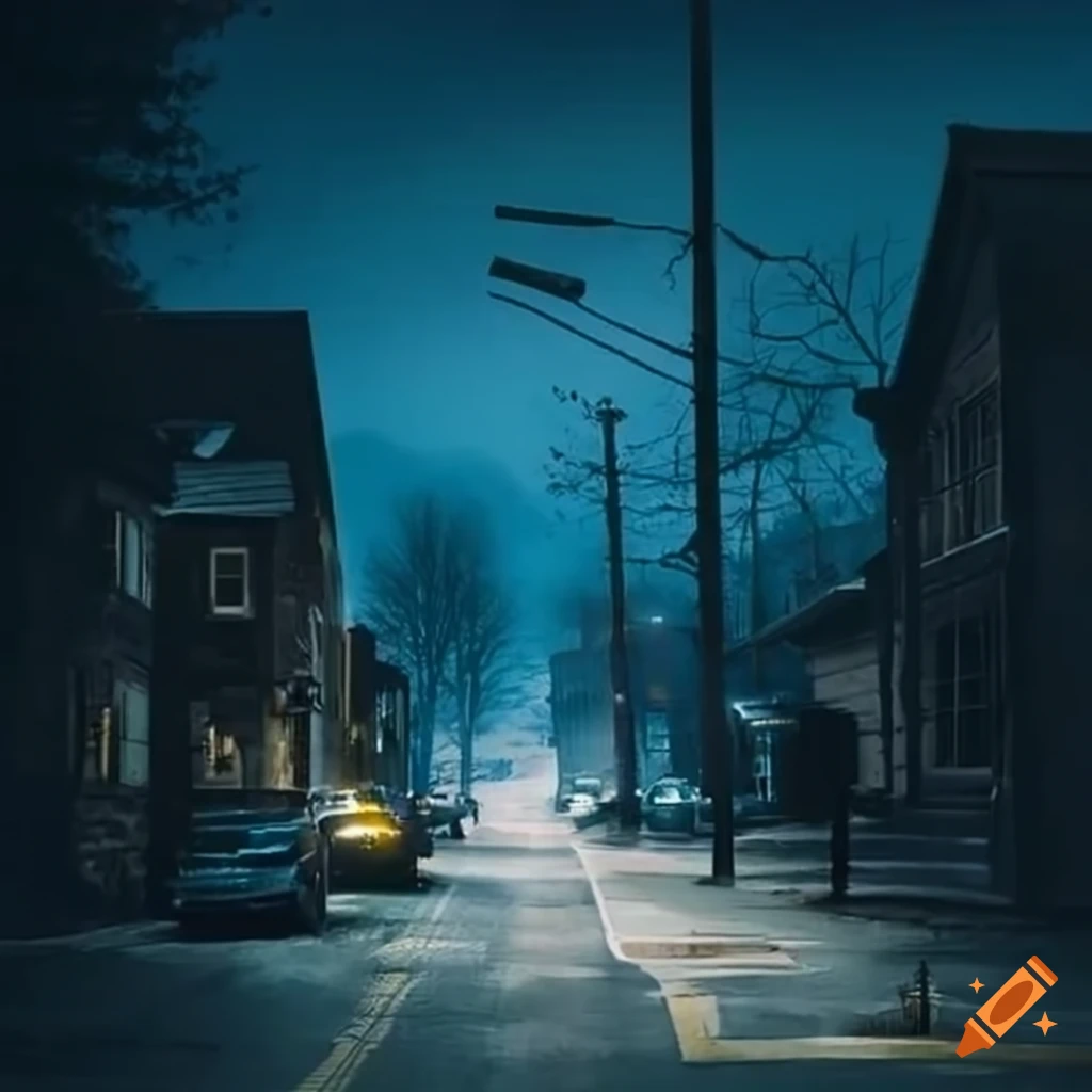Dark road with street lights in a neighborhood of family houses
