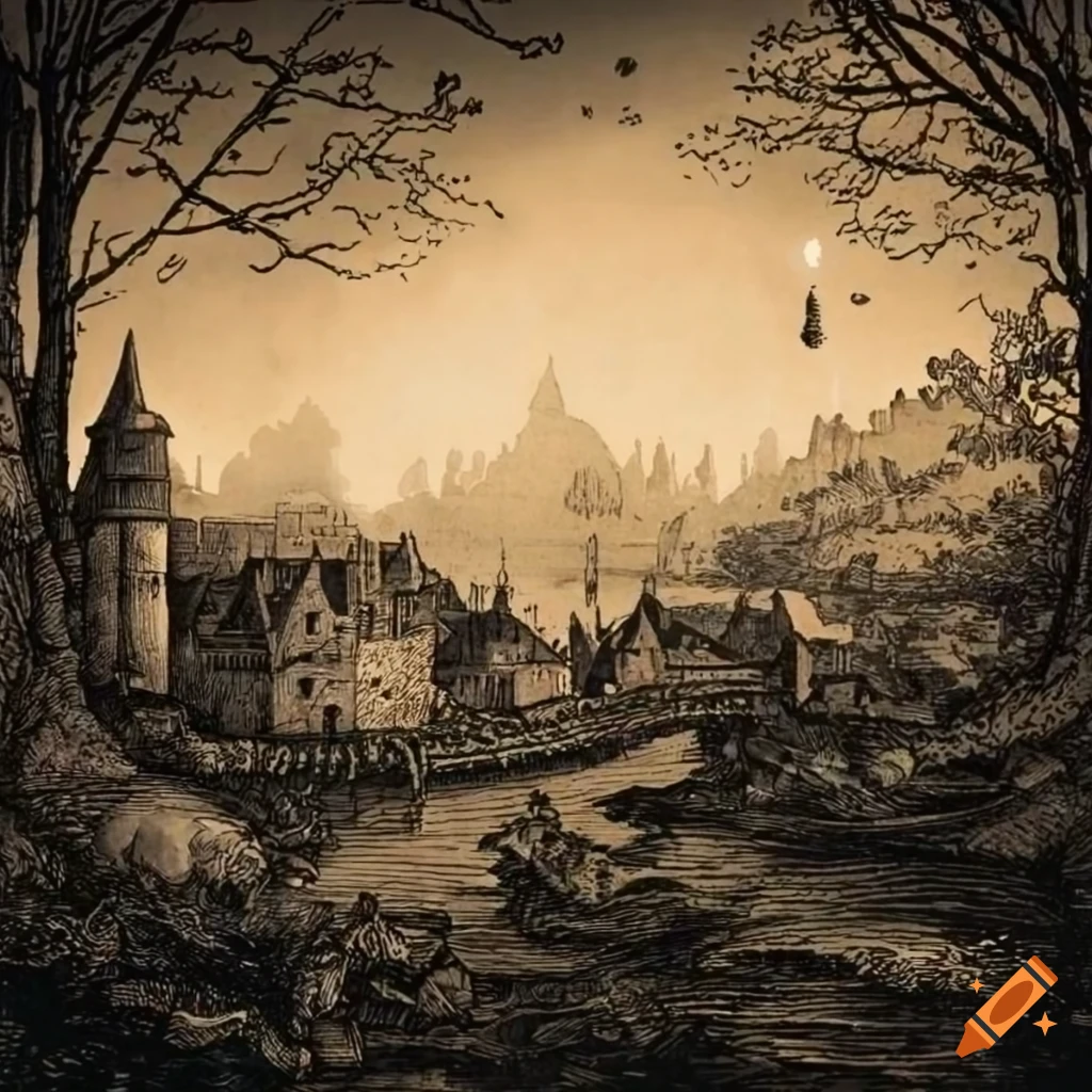 High medieval village in a foggy autumn day in a dark fantasy world, Engraving in Albrecht Dürer style