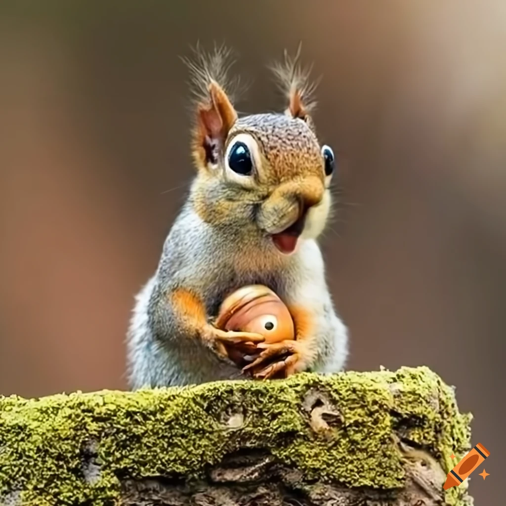 Squirrel Smiling Sammy offering acorns to young squirrels with a kind smile on Craiyon