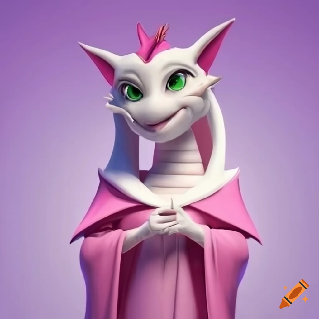 White dragoness in a pink cloak in classic Disney style