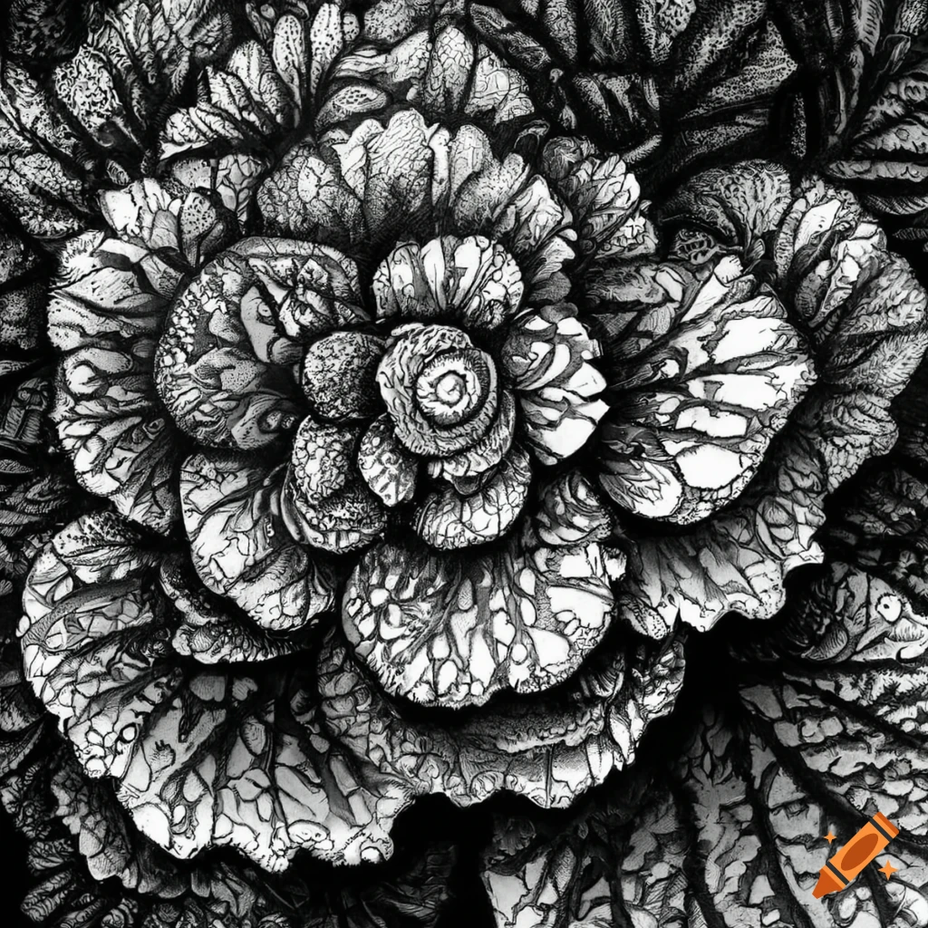 Intricately detailed black-and-white drawing of a radiant Begonia flower