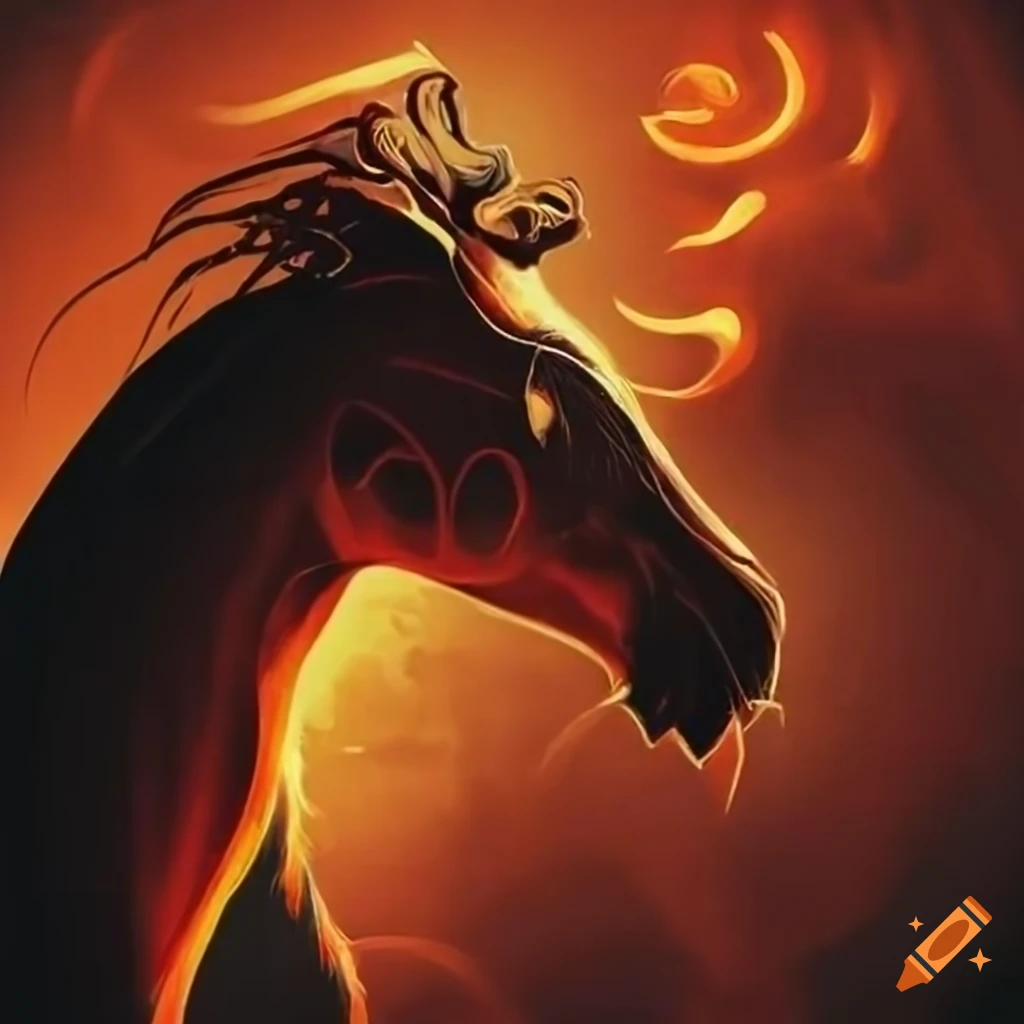 Tribal horse design against a backdrop of fire