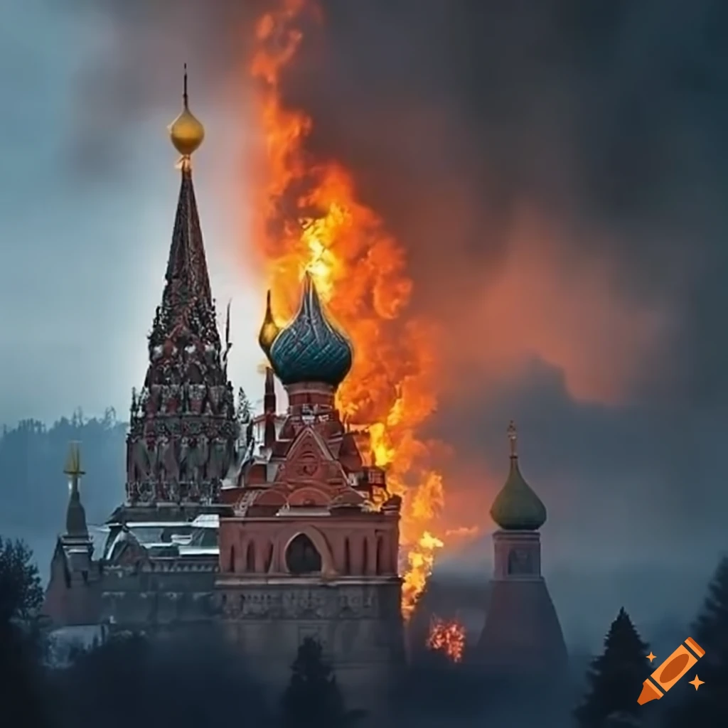 The Kremlin engulfed in flames, a representation of Russia's tumultuous past