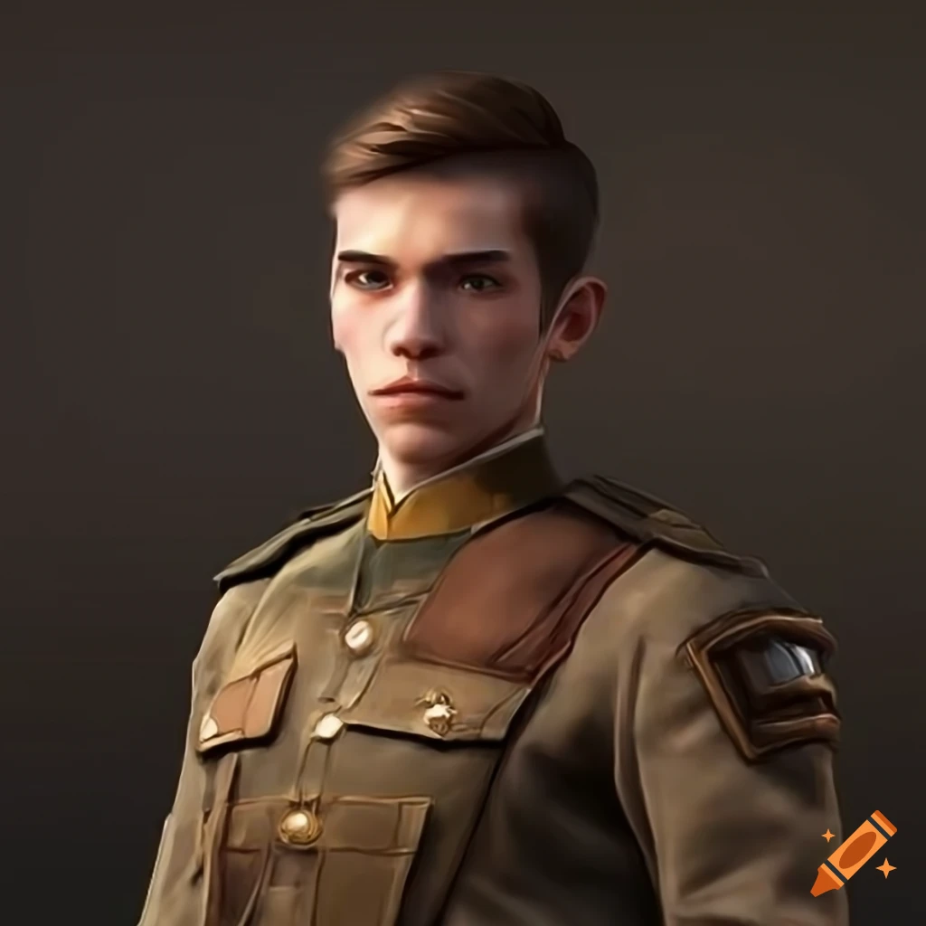 Male in fantasy soldier uniform with short brown hair and facial hair