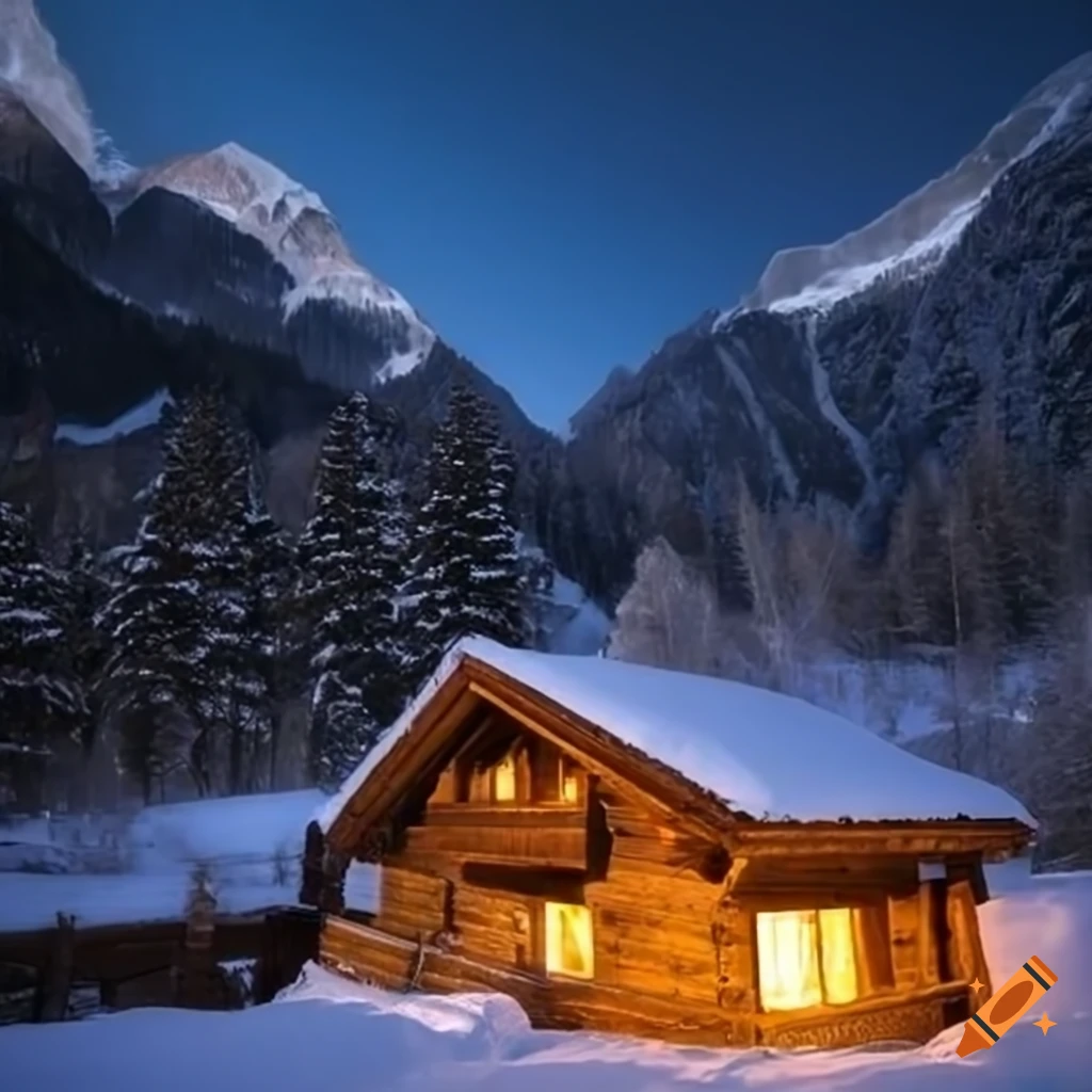 Mountain chalet at night