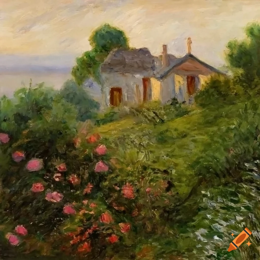 Monet painting of a serene French cottage on a cliff overlooking a harbor