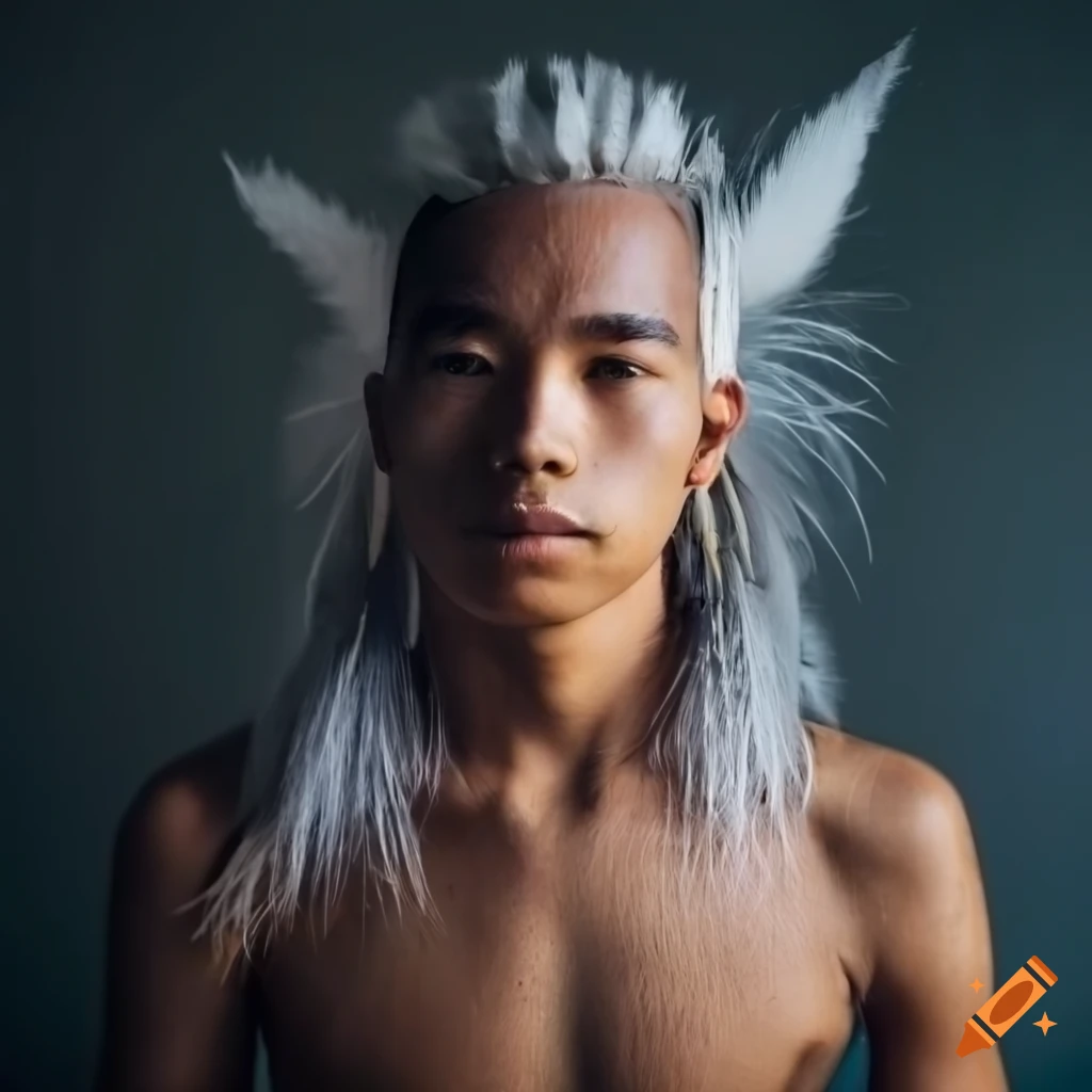 Young native man with pointed ears and long white hair in light leather clothing with feathers