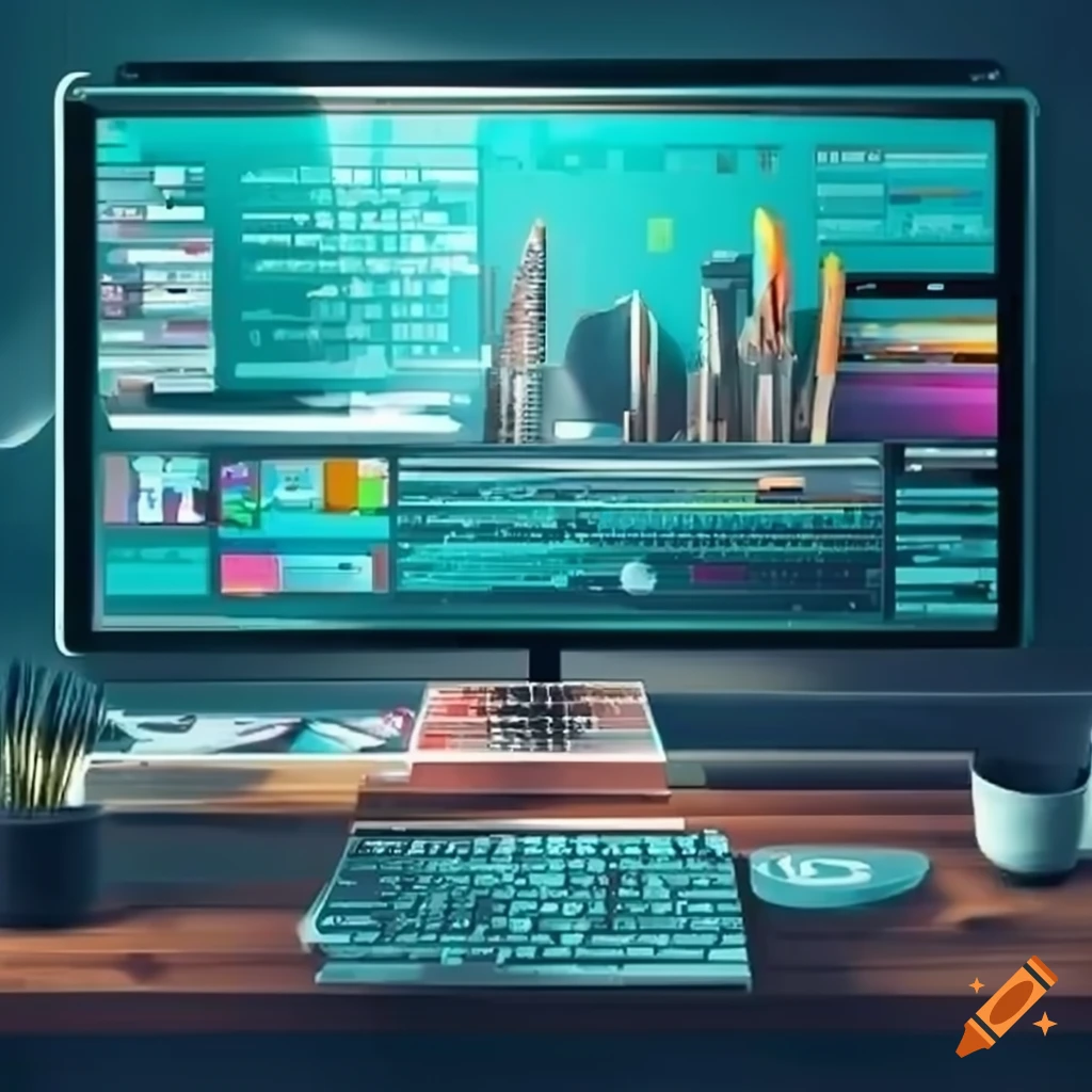 Creative workstation with illustration software and brushes on screen ...