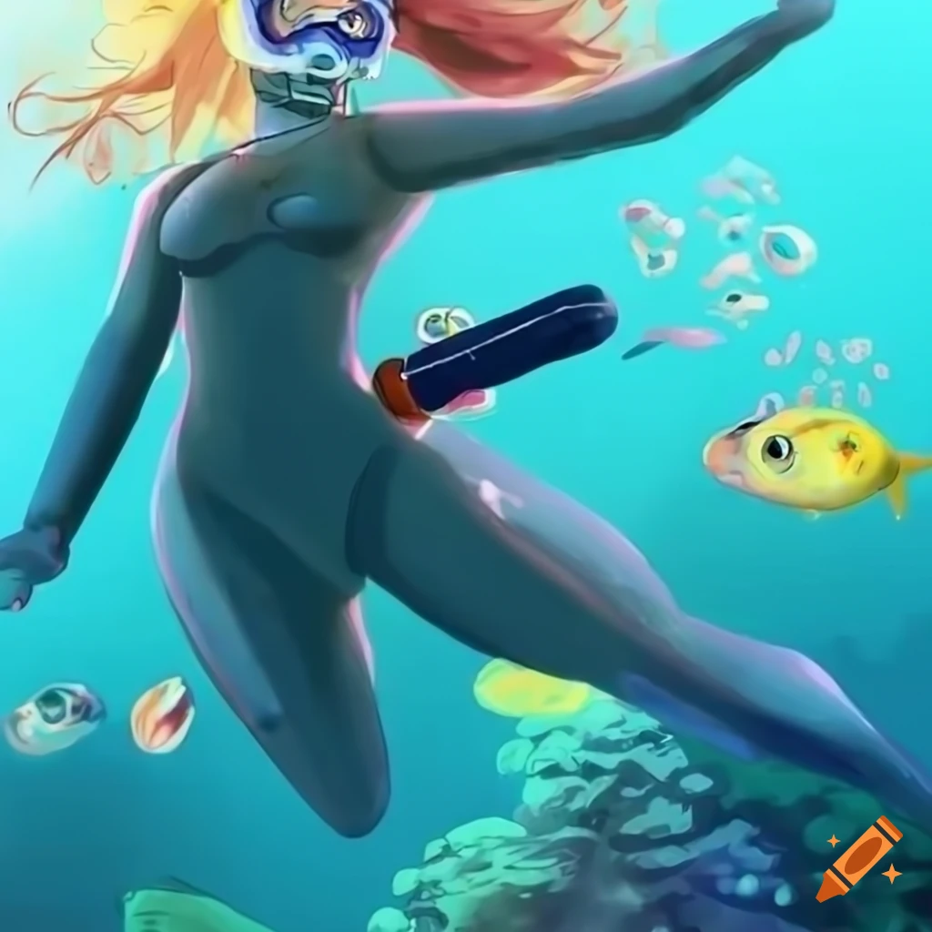 Anime woman in gray scuba suit exploring underwater world