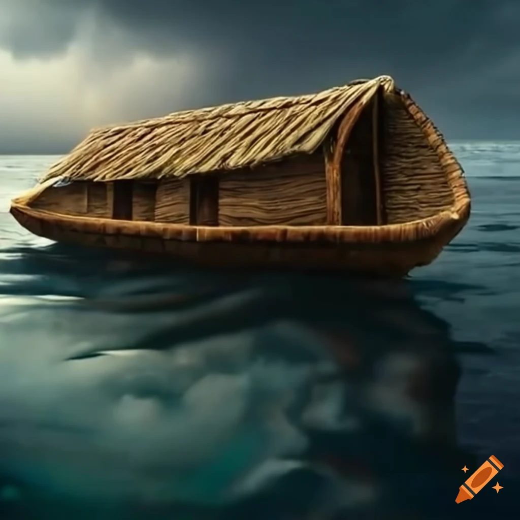 Primitive ark with thatch hull on stormy sea
