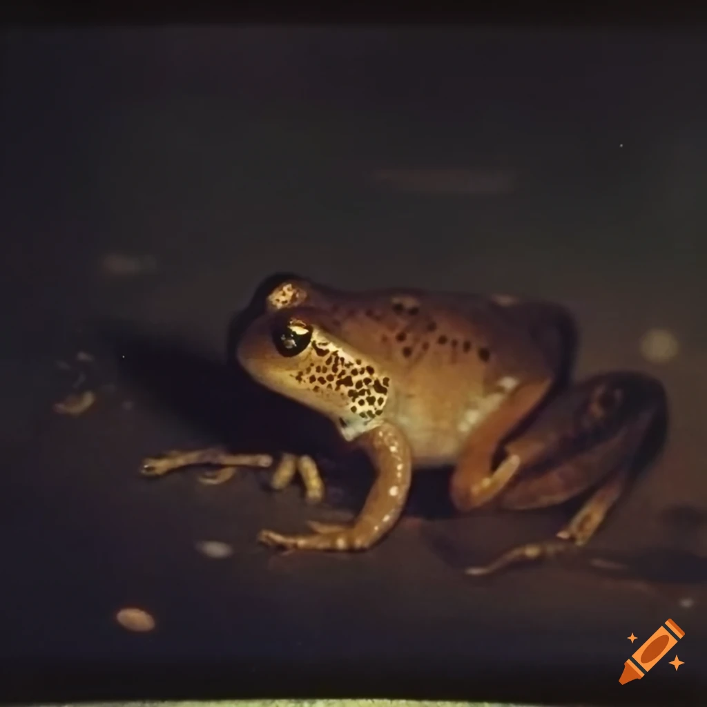 Vintage 70s polaroid of a frog by a pond in the evening