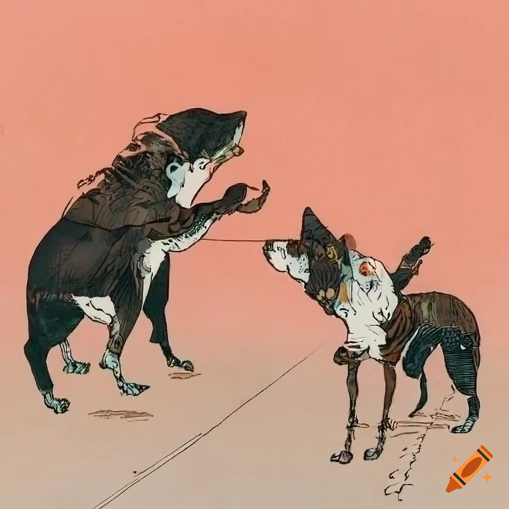 Pack of dogs fighting in a futuristic ukiyo-e style perspective by Katsuhiro Otomo