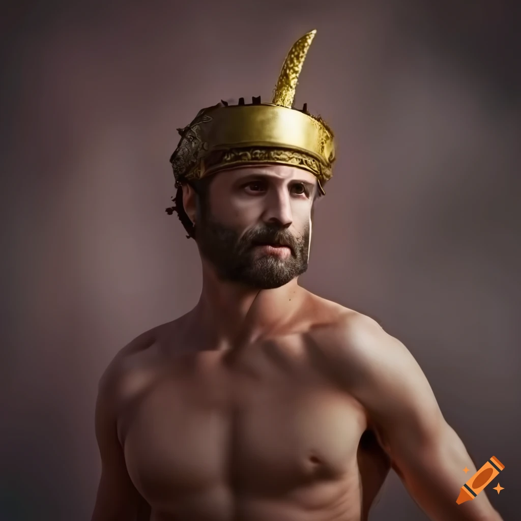 Roman man in Greek athlete attire with blurred background, captured in 4K