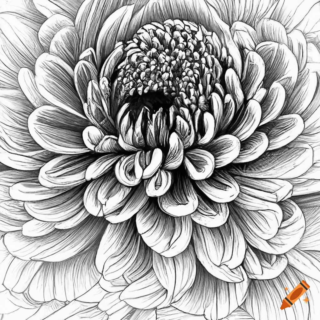 Detailed Chrysanthemum flower drawing for black and white coloring