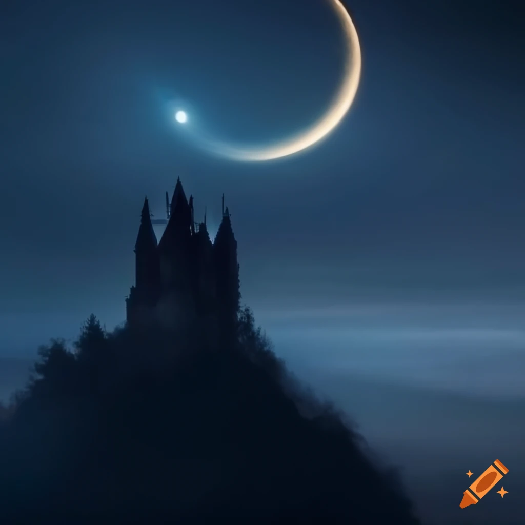Dark castle on a hill at night illuminated by moonlight