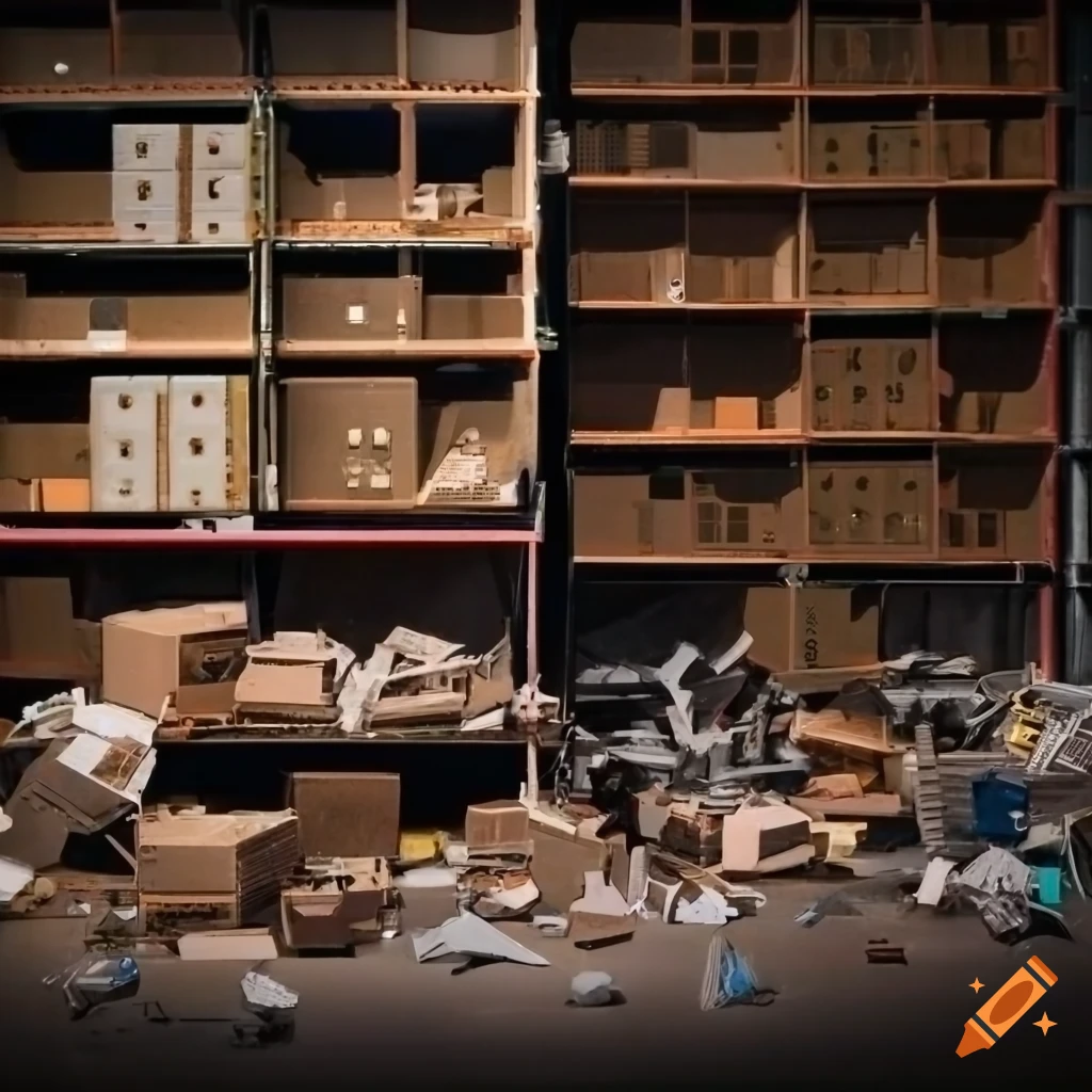 Cluttered warehouse with labeled boxes of 3D printer spare parts and filament