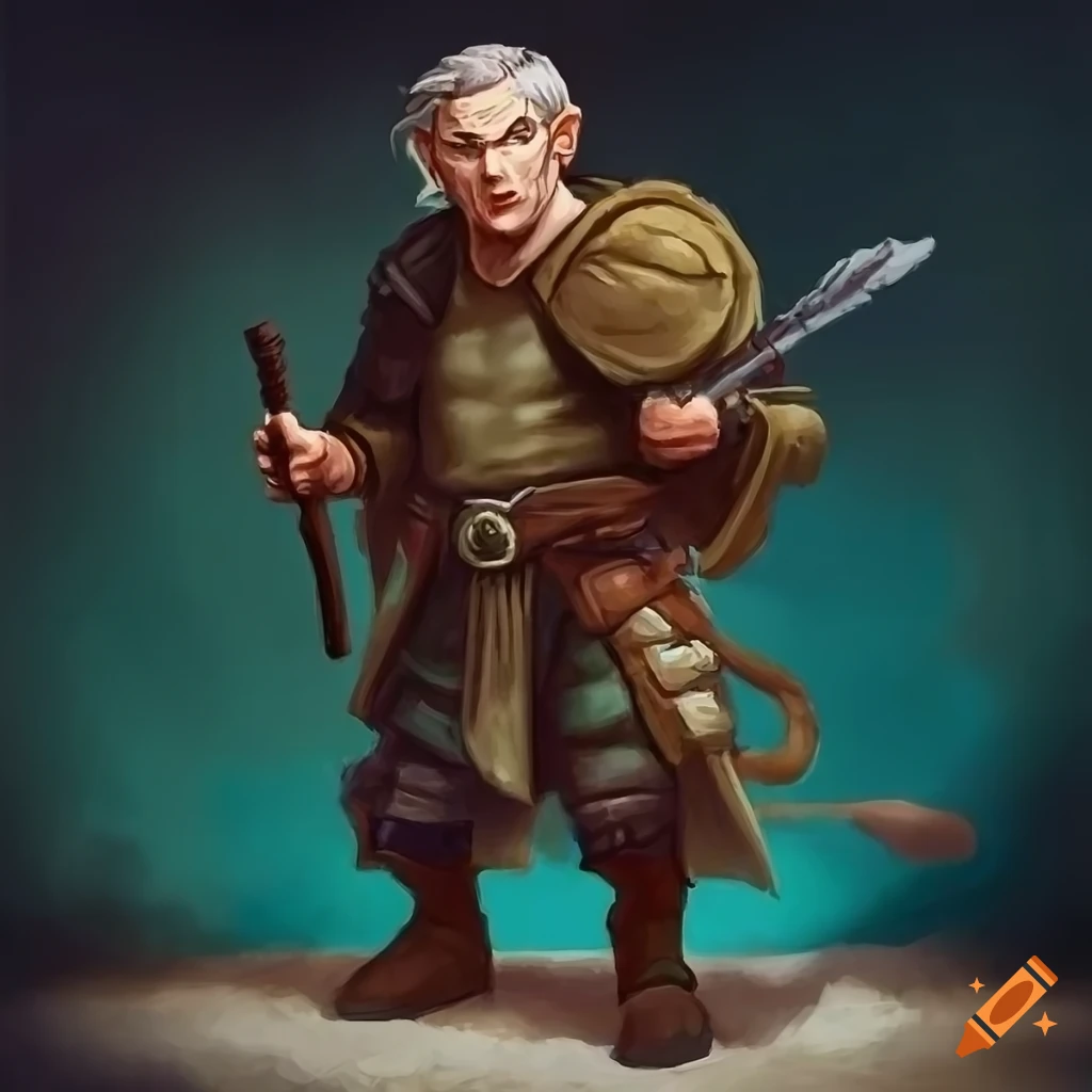 Hand-painted Dungeons and Dragons style fantasy art of a male halfling rogue standing up