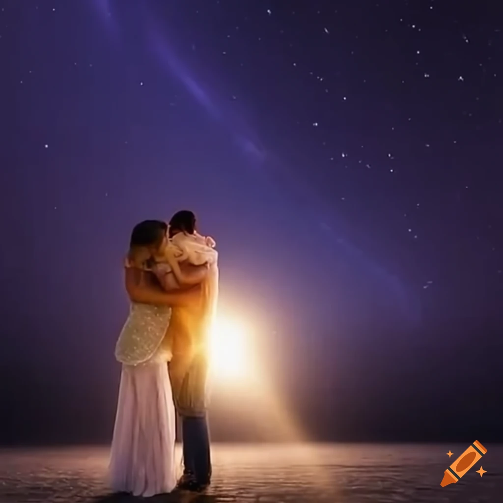 Romantic embrace under starry sky during rainstorm on Craiyon