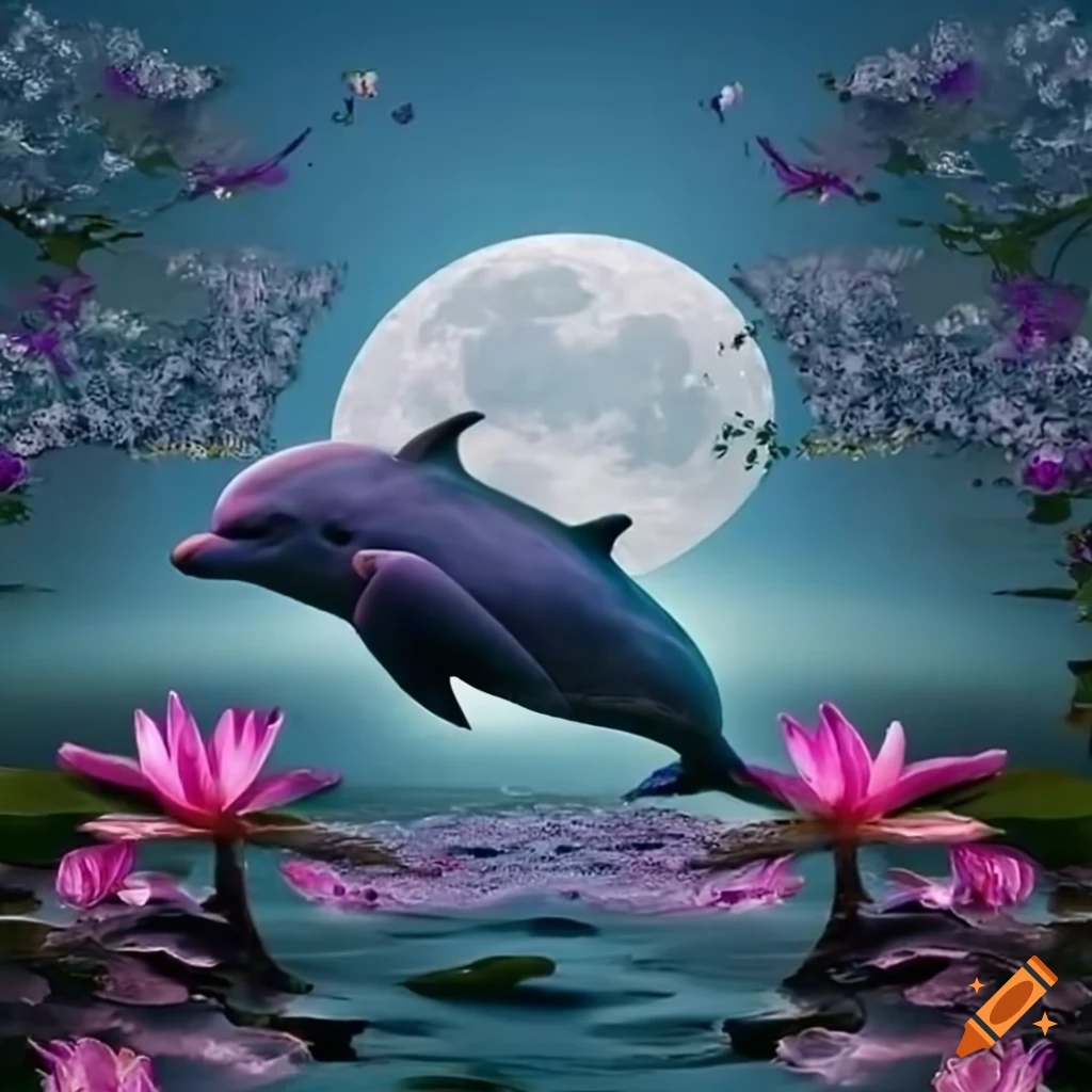 Enchanting dolphins in a moonlit lotus pond with magnolia and gardenia flowers