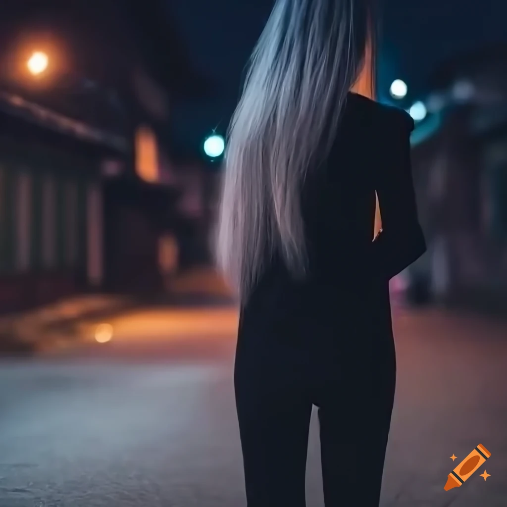 Young woman with long silver hair in Korean village at night