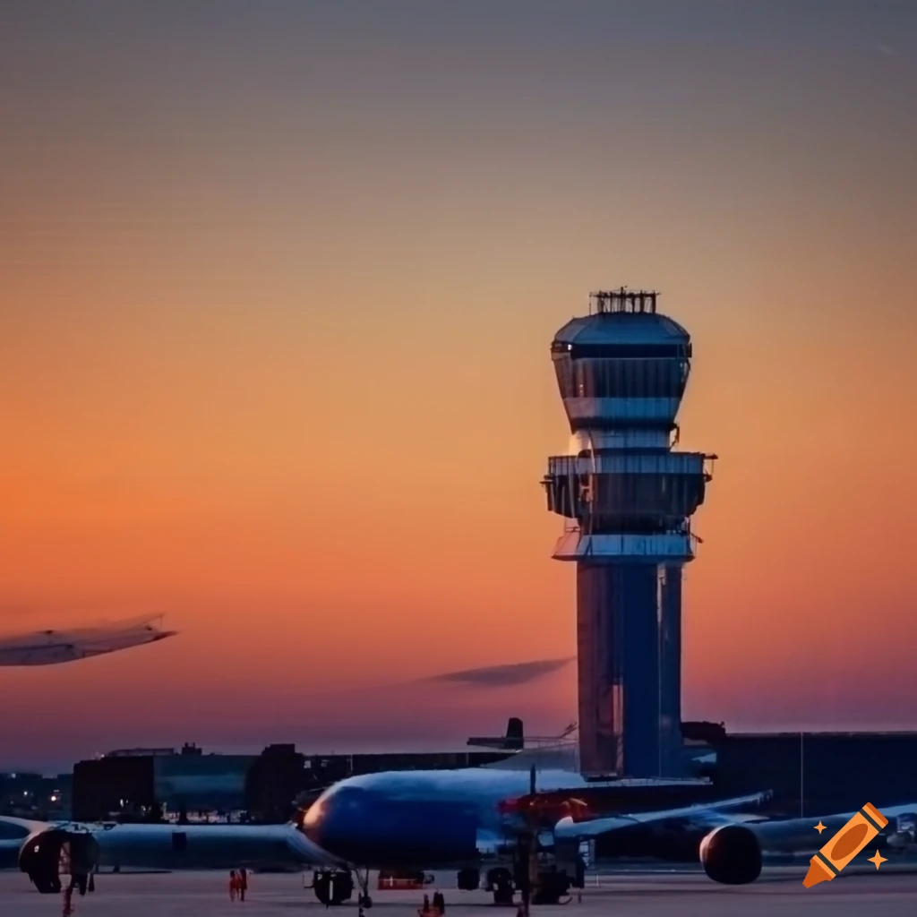 Airport with ATC tower, airplanes, and sunset
