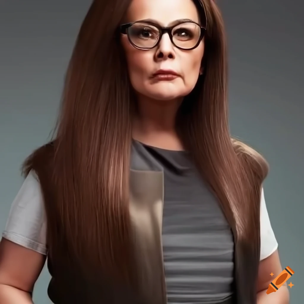 Middle-aged woman with brown straight hair and black glasses