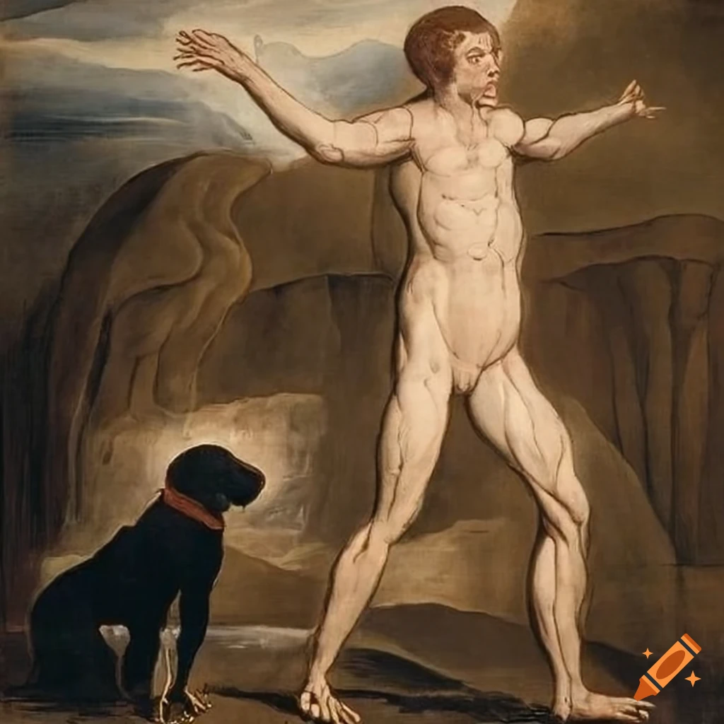 Transformation from man to black dog in a landscape by William Blake