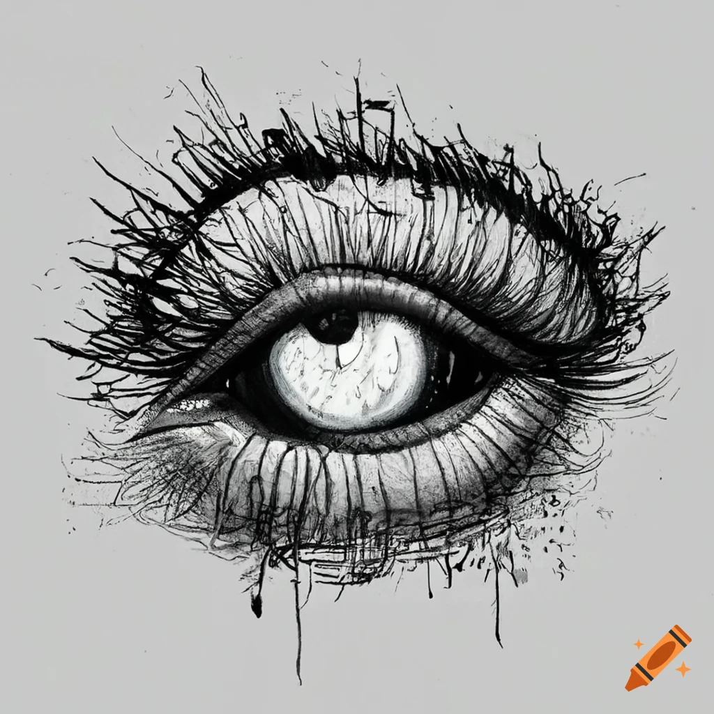 Psychedelic eye in stylish ink drawing on black background