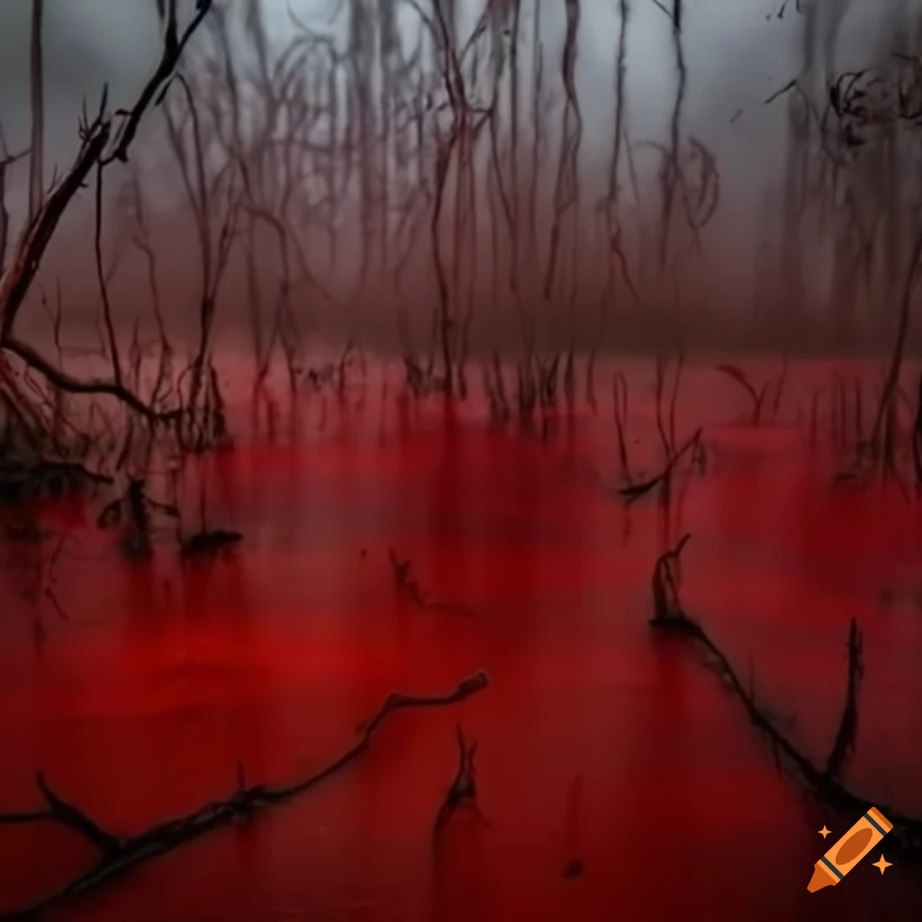 Eerie red swamp during a storm with mystical orbs