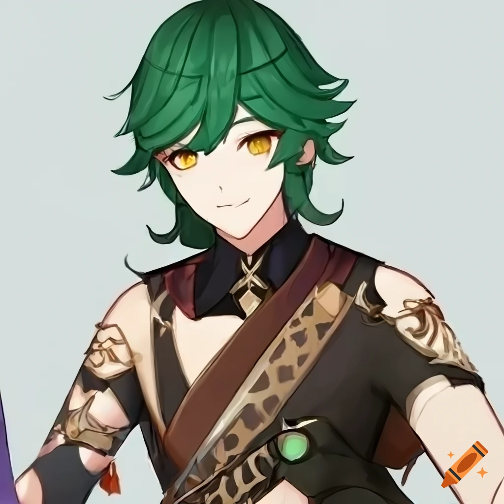 Original character inspired by Genshin Impact: Fat young adult male with short dark green hair and bright brown eyes