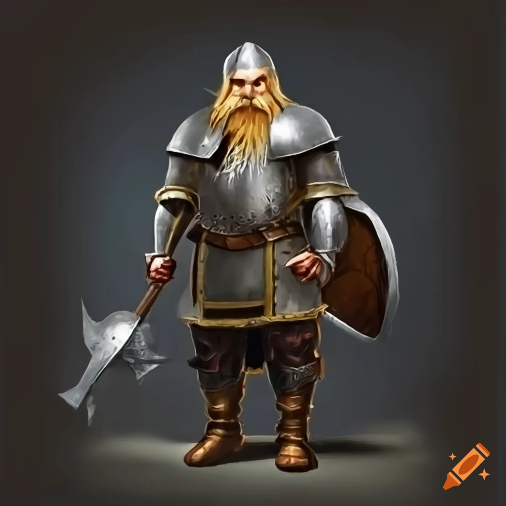 Dwarf in black armor with mace and shield