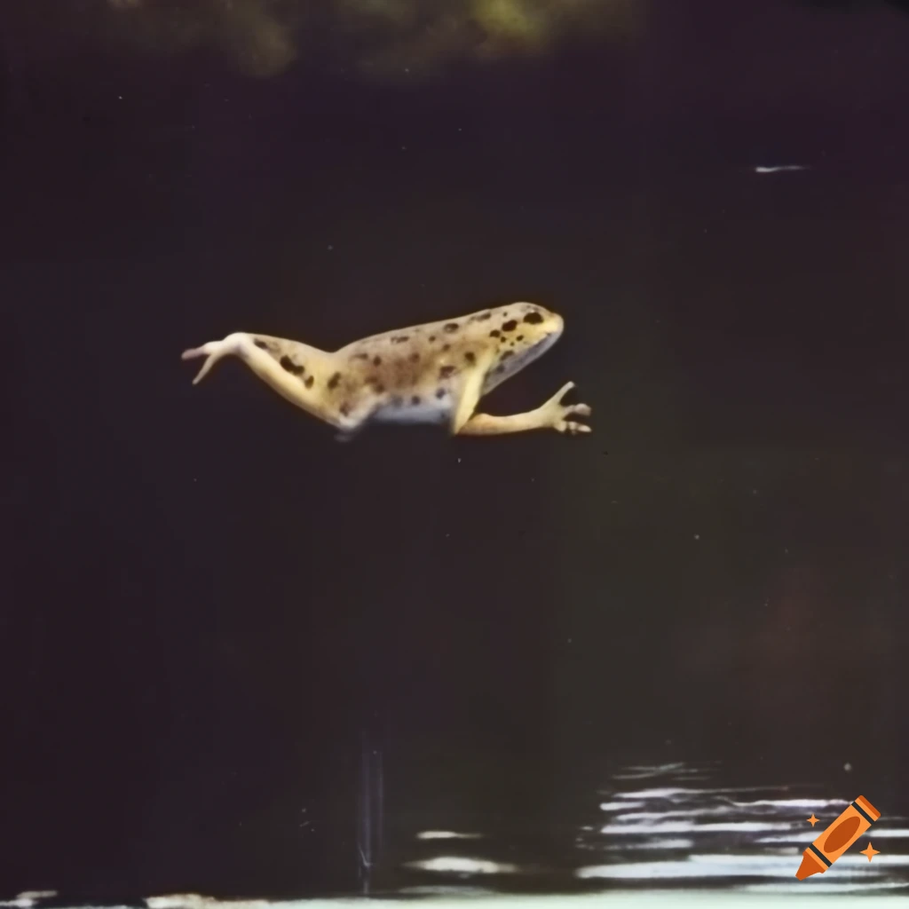 Grainy 70s polaroid photo of a frog jumping by a pond at evening
