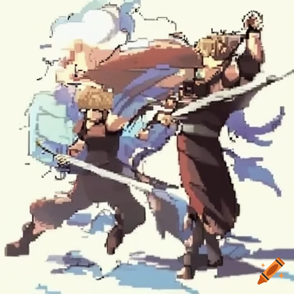 8-bit two fighters with swords jumping at each other