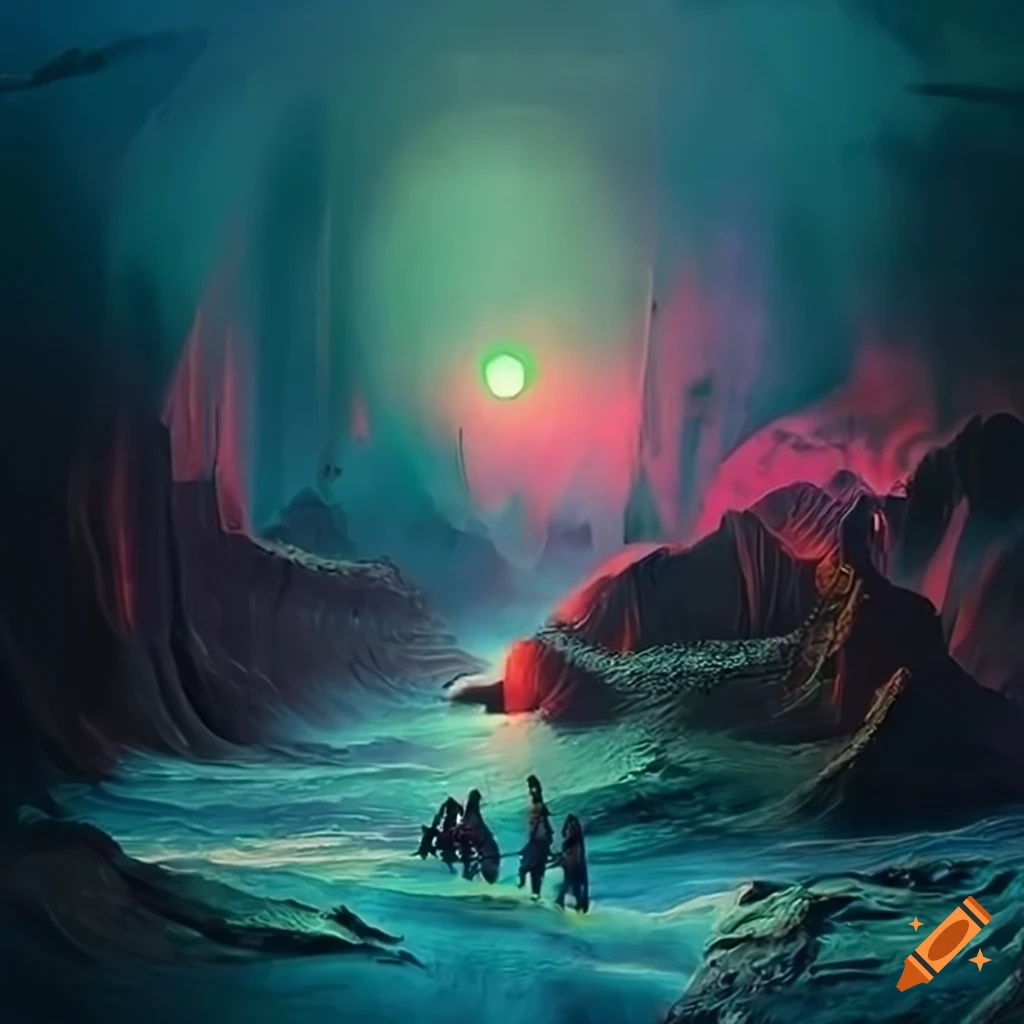 Surreal and symbolic artwork inspired by James Gleeson with vibrant colors and dreamlike landscape