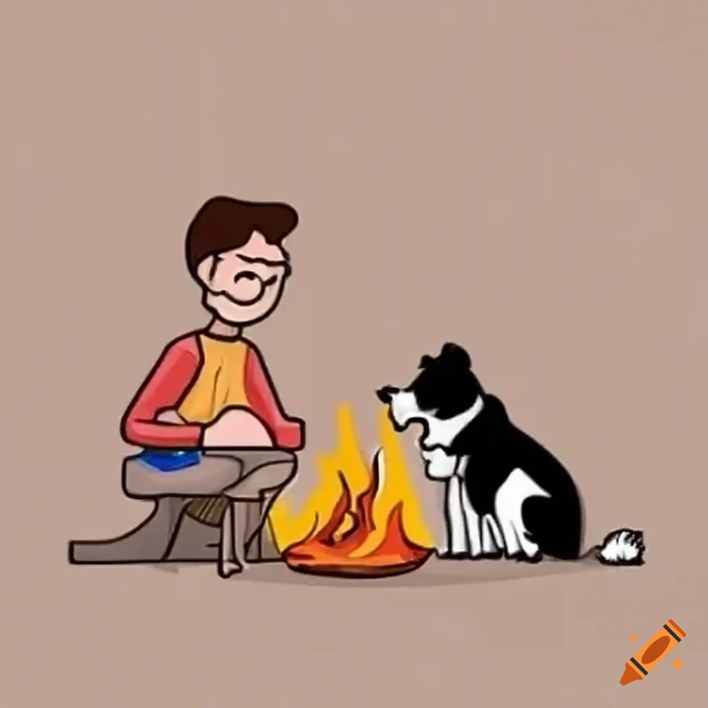 Gamer by a campfire in a serene forest with a border collie