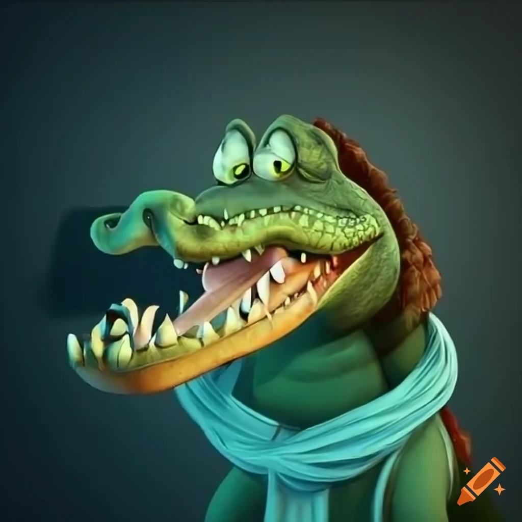 Cartoon crocodile's wife with an insidious expression whispering into his ear