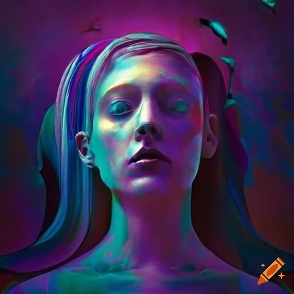 Surreal and symbolic artwork inspired by James Gleeson with vibrant colors and dreamlike landscape