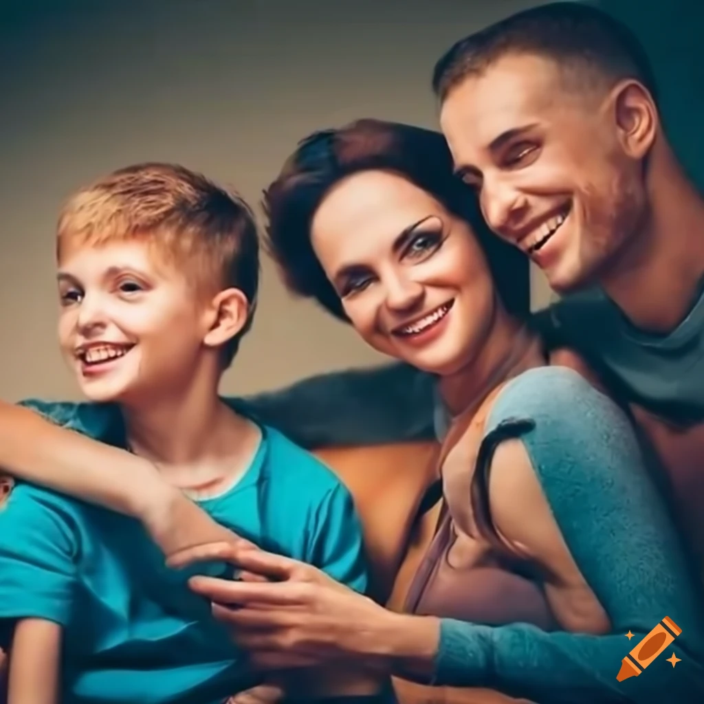 Happy man and woman sitting with smiling twin boys