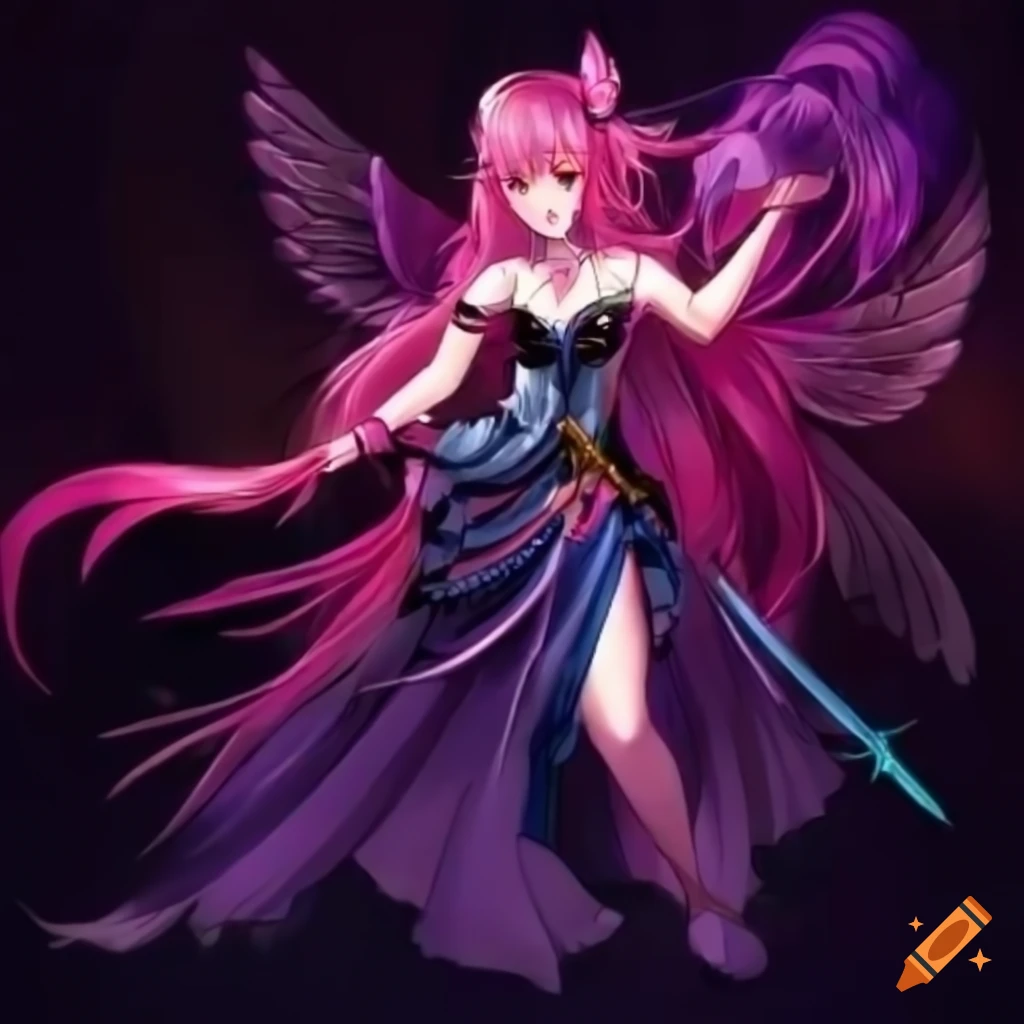 Anime style mythology noble lady with red long hair and unique blue/pink/purple/black dress holding a weapon