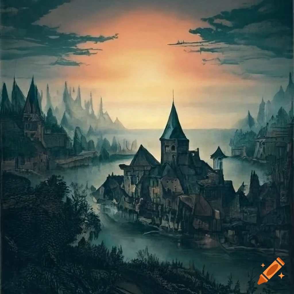 High medieval village in a foggy autumn day in a dark fantasy world, Engraving in Albrecht Dürer style
