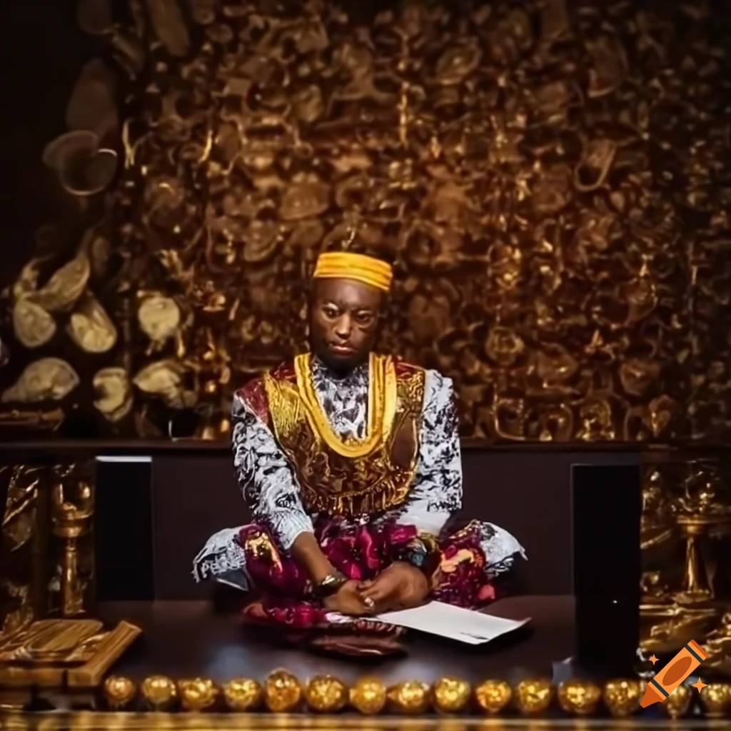 Nigerian prince with cash and gold jewelry using laptop